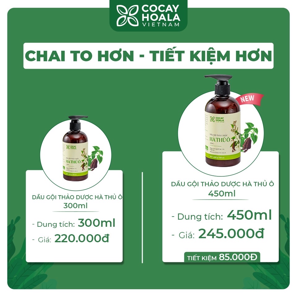 Combo 2 Dầu gội Hà Thủ Ô COCAYHOALA chai lớn 450g phục hồi tóc hư tổn Tặng 1 dầu xả gừng làm mềm tóc (150ml)