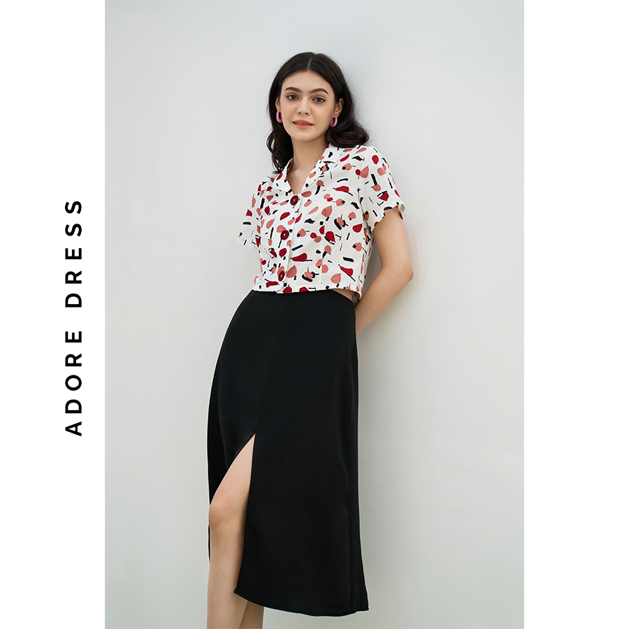 Áo sơ mi Tops thô lụa trắng hoạ tiết quả lê đỏ 311TO1001  ADORE DRESS