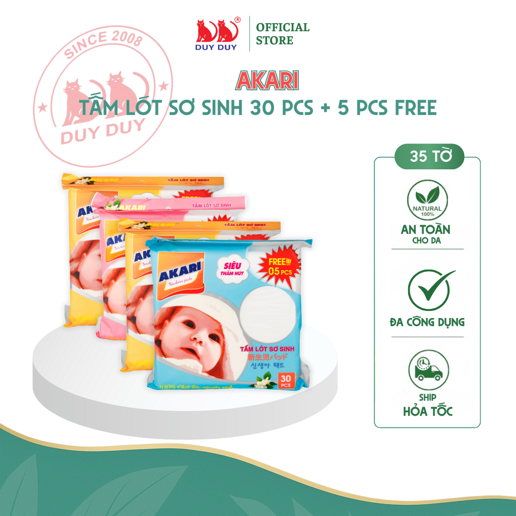 Tấm lót sơ sinh Akari bột giấy tự nhiên 30 miếng + free 5 miếng (22x22cm) khô thoáng mát cho bé