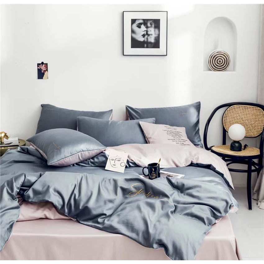 Bộ Chăn Ga Gối Lụa Tencel 60s Đơn Sắc LIDACO Cao Cấp - Ghi Phối Ga Hồng - TẶNG VỎ GỐI ÔM COTTON