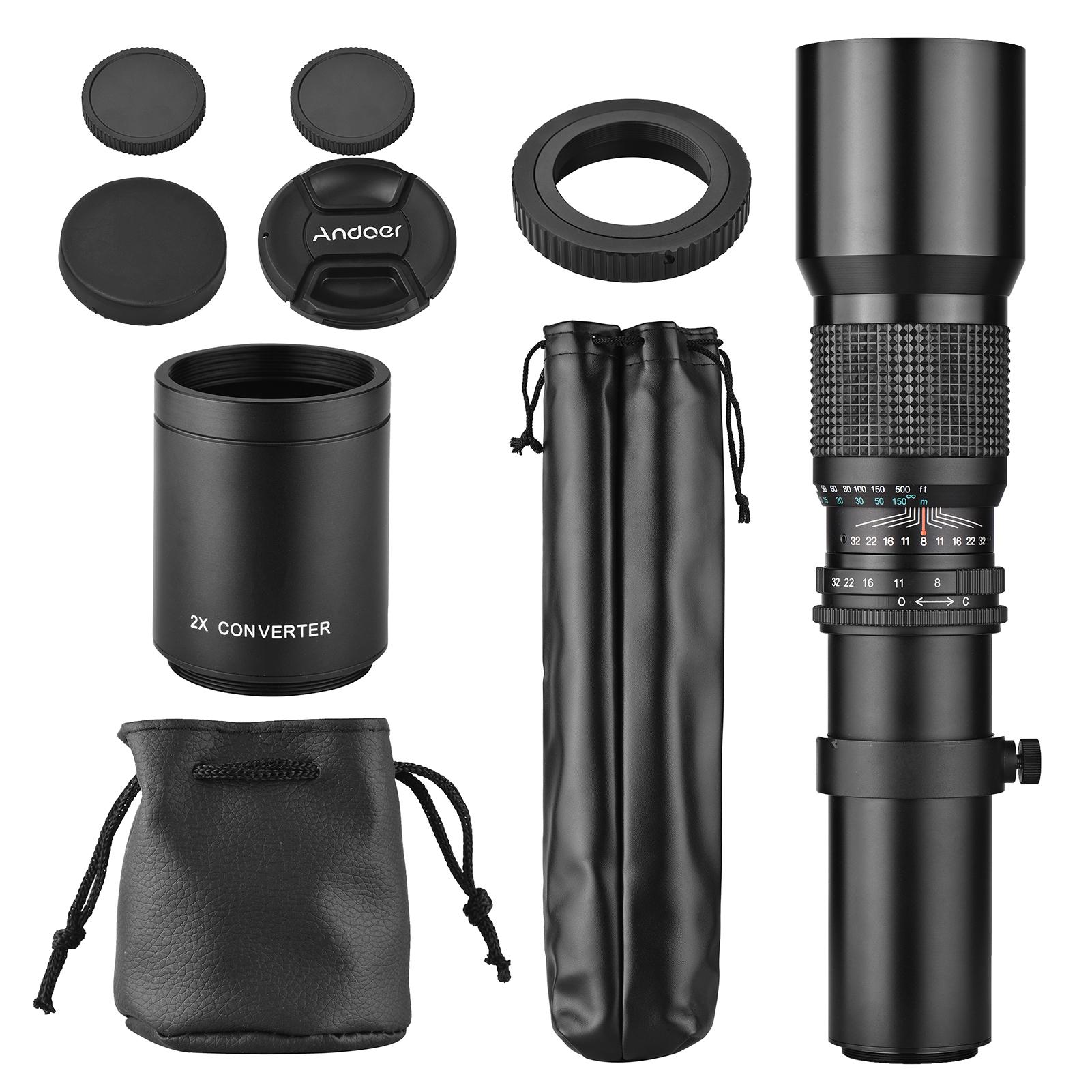 Andoer 500mm/ 1000mm f/8 Manual Focus Camera Telephoto Lens with 2X Converter Lens Cover Lens Protector Carry Bag