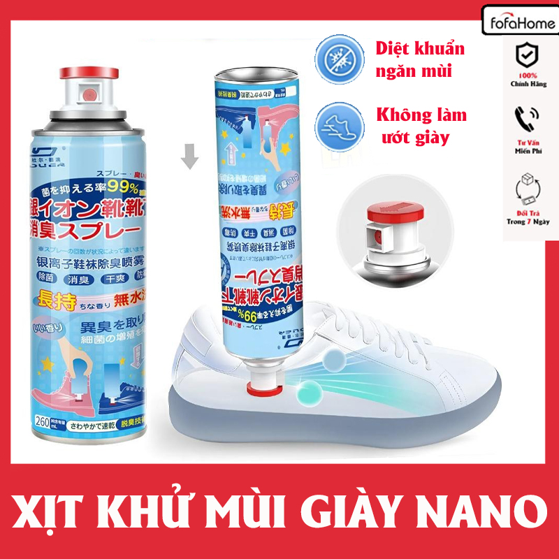 Chai Xịt Khử Mùi Giày Nano Bạc Dung Tích 260ml Chai Màu Xanh Diệt Khuẩn Ngăn Ngừa Hôi Chân Lưu Hương 24h