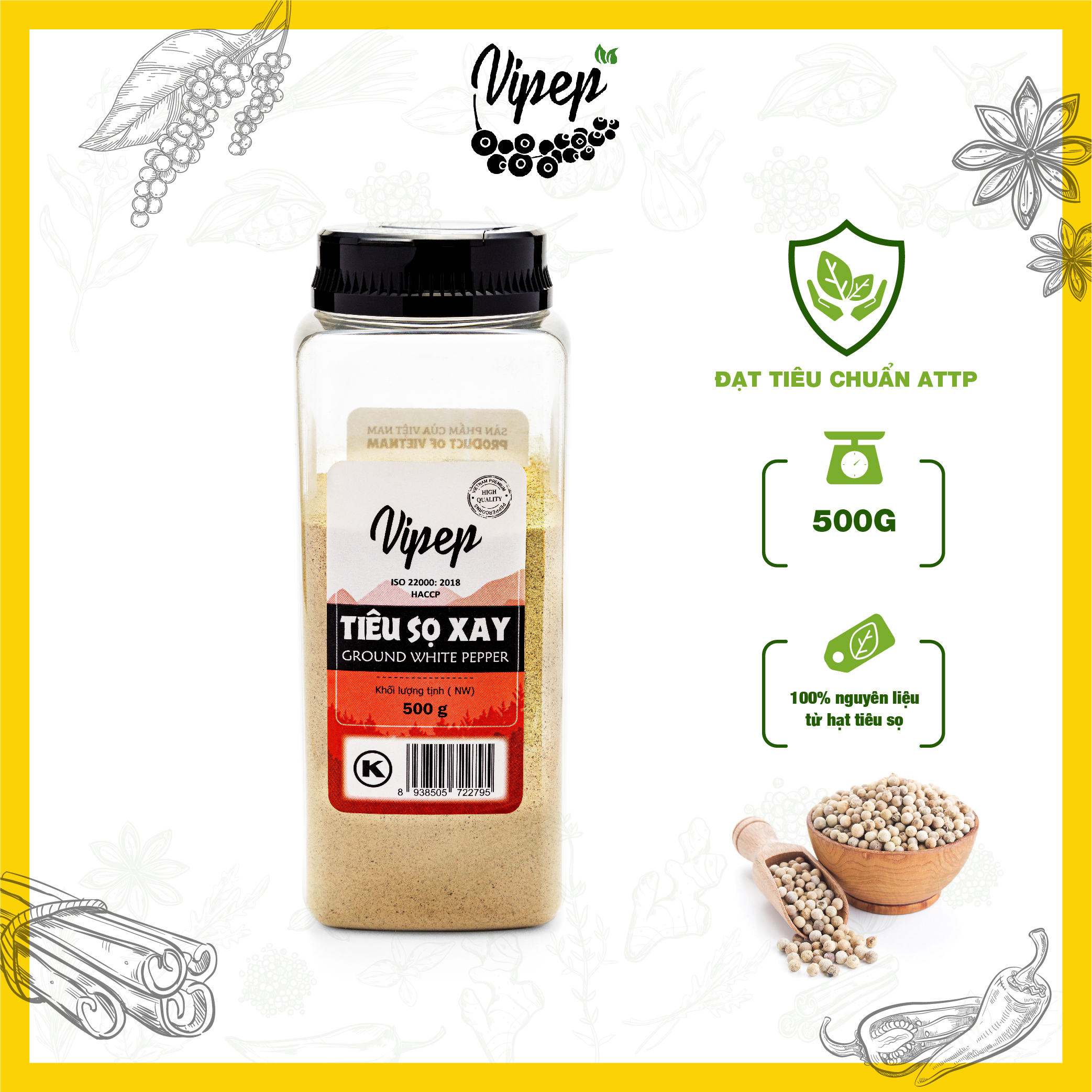Hạt tiêu sọ xay Vipep 100% tự nhiên, thơm chuẩn vị, giúp khử tanh thực phẩm hiệu quả 500g