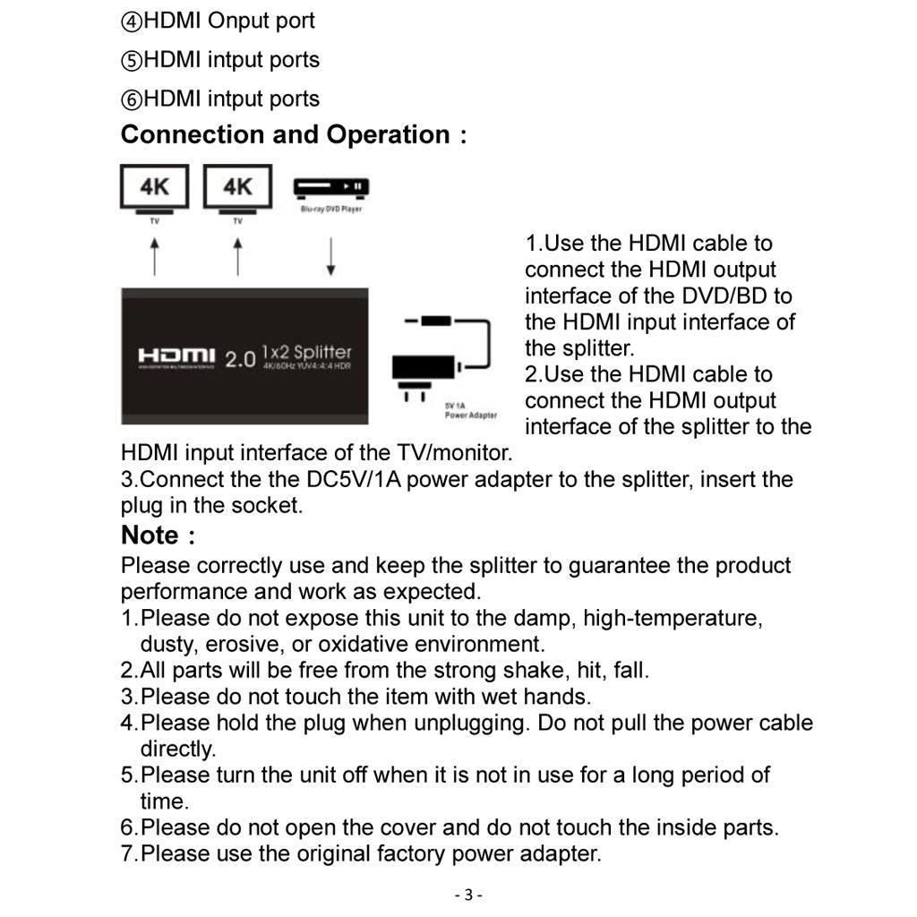 1 in 2 Out HDMI Splitter Support Full HD 4k for Xbox HDTV