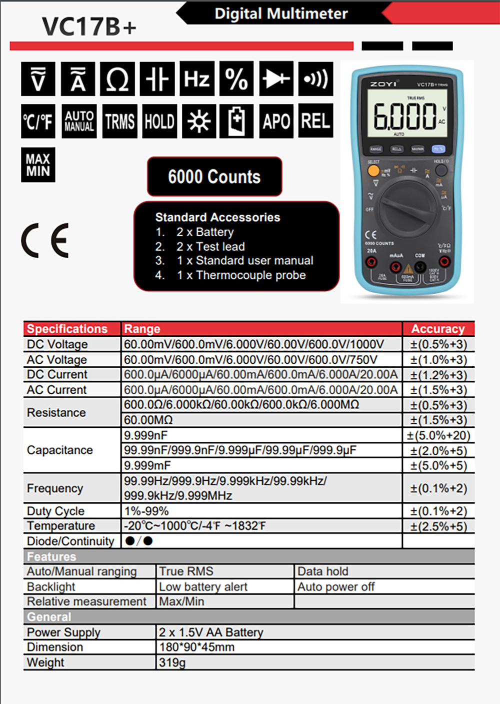 Đồng Hồ Đo Điện Vạn Năng Kỹ Thuật Số Zoyi VC17B+ True RMS 6000 Count Auto Ranges (Không Bao Gồm Pin) - Hàng chính hãng - Bảo hành 12 tháng