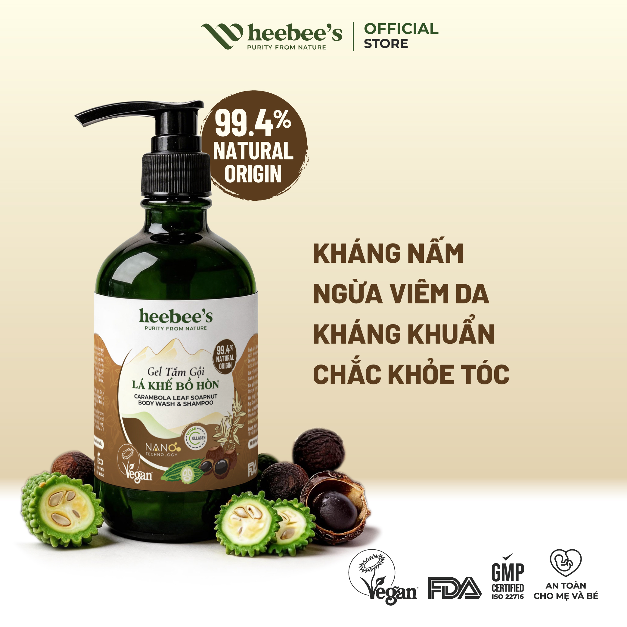 Gel Tắm Gội Lá Khế Bồ Hòn Heebee's Giảm Gàu, Giảm Nhờn, Kháng Nấm 300ml - 500ml