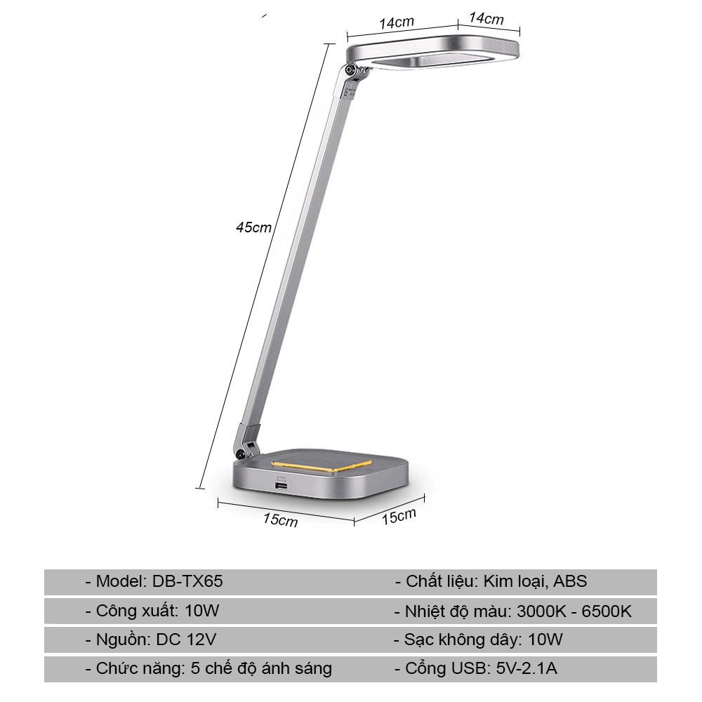 Đèn đọc sách, Đèn học va làm việc để bàn LED 7W, 5 chế độ ánh sáng, Tích hợp đế sạc không dây Qi 10W, Cổng sạc USB 5V-2.1A, Thân đèn Kim loại cao cấp