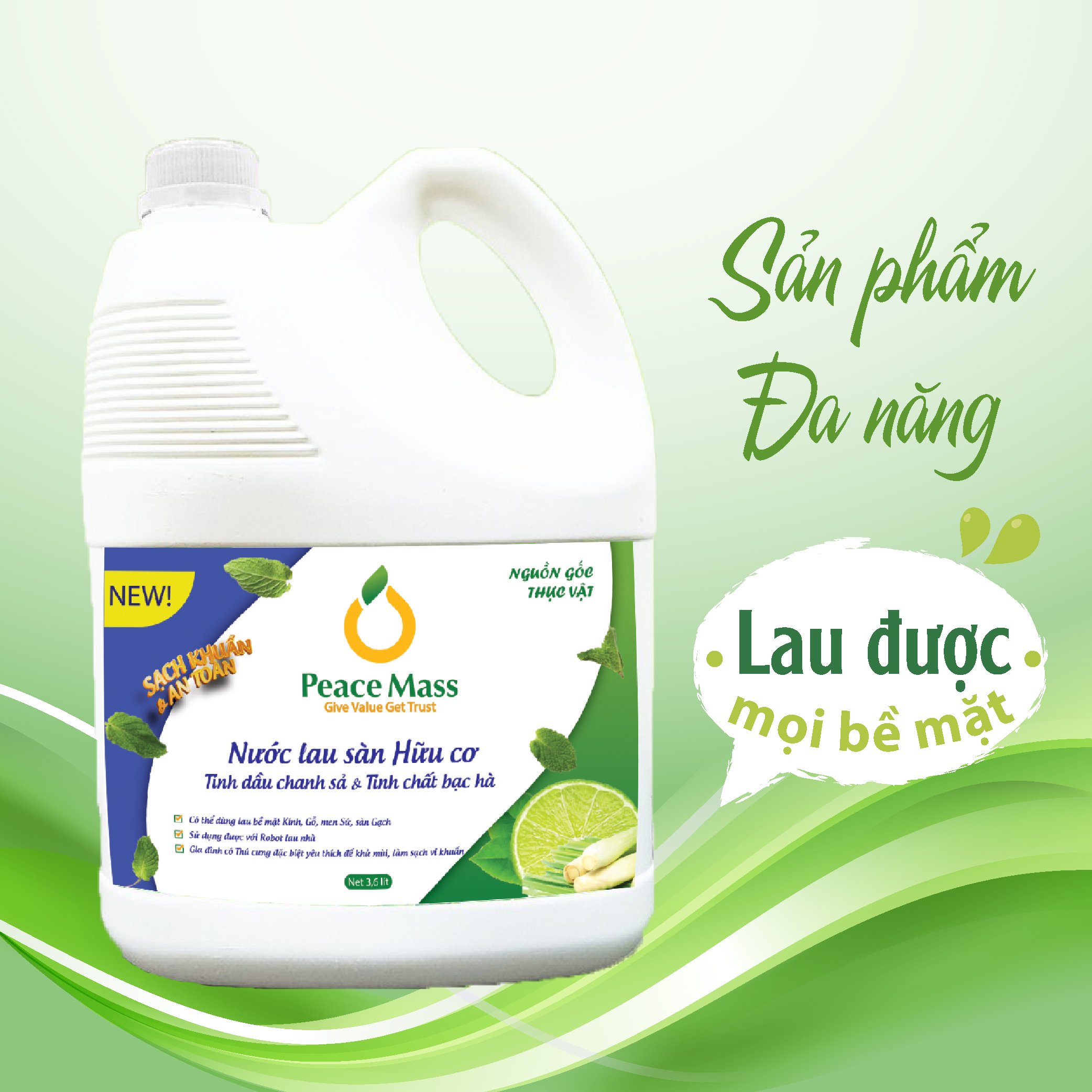 Combo Sản Phẩm Gốc Thực Vật NGB4 Peace Mass Nước Giặt Xả 2 in 1 3.6 l + Nước Lau Sàn TD Chanh Sả -Bạc Hà 3.6l (Thuộc nhóm Sản phẩm Lành tính / Hữu cơ)