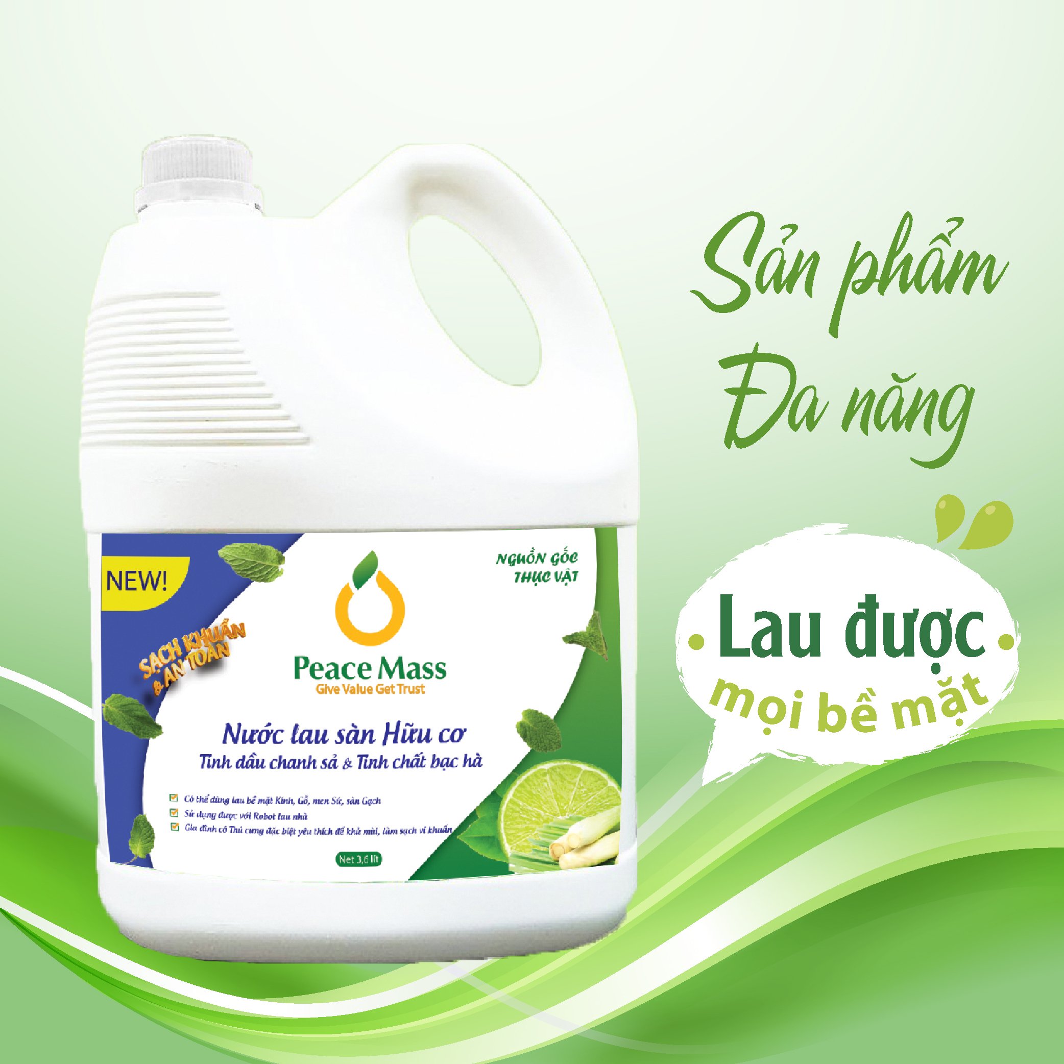 Combo Sản Phẩm Gốc Thực Vật LSB1 Peace Mass - Nước Lau Sàn TD Chanh Sả - Bạc Hà 3.6l + Nước Rửa Chén 500ml