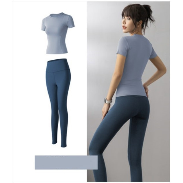 Bộ Đồ Tập GYM YOGA Nữ 2 Món áo thun và quần dài co giãn thoáng mát, mặc tôn dáng - XL - Áo xanh xám Quần Xanh coban