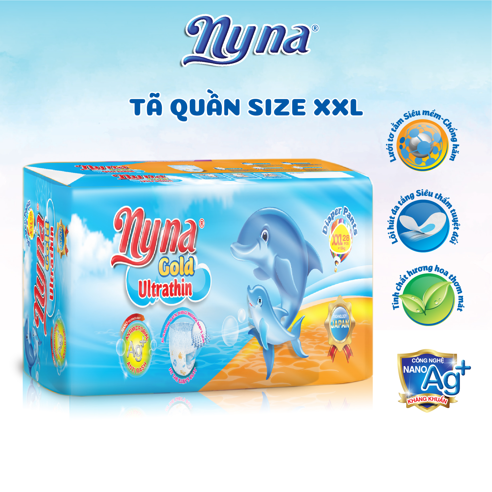 Tã Quần Siêu Mỏng Size XXL 28 Miếng Chính Hãng Nyna gold Thấm Hút Cao Cho Bé Khô Thoảng Cả Ngày