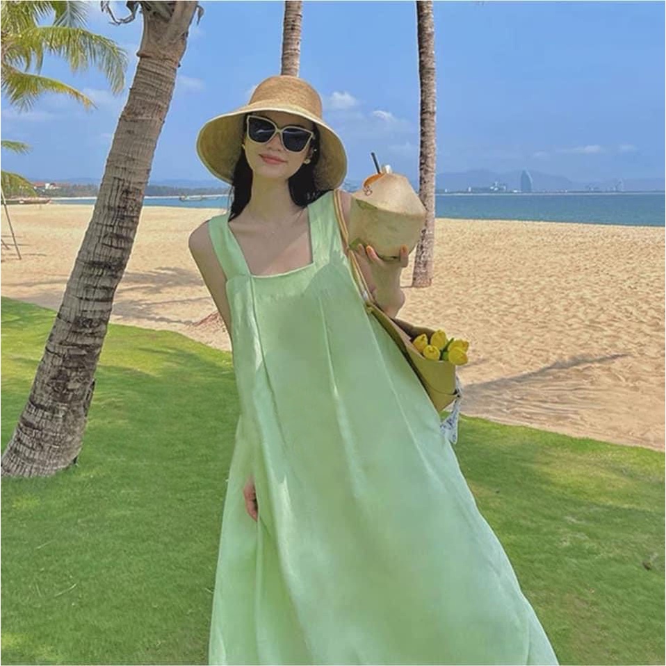 Đầm 2 dây bản to dáng dài, váy bầu bí đi biển phom rộng màu xanh mát mẻ