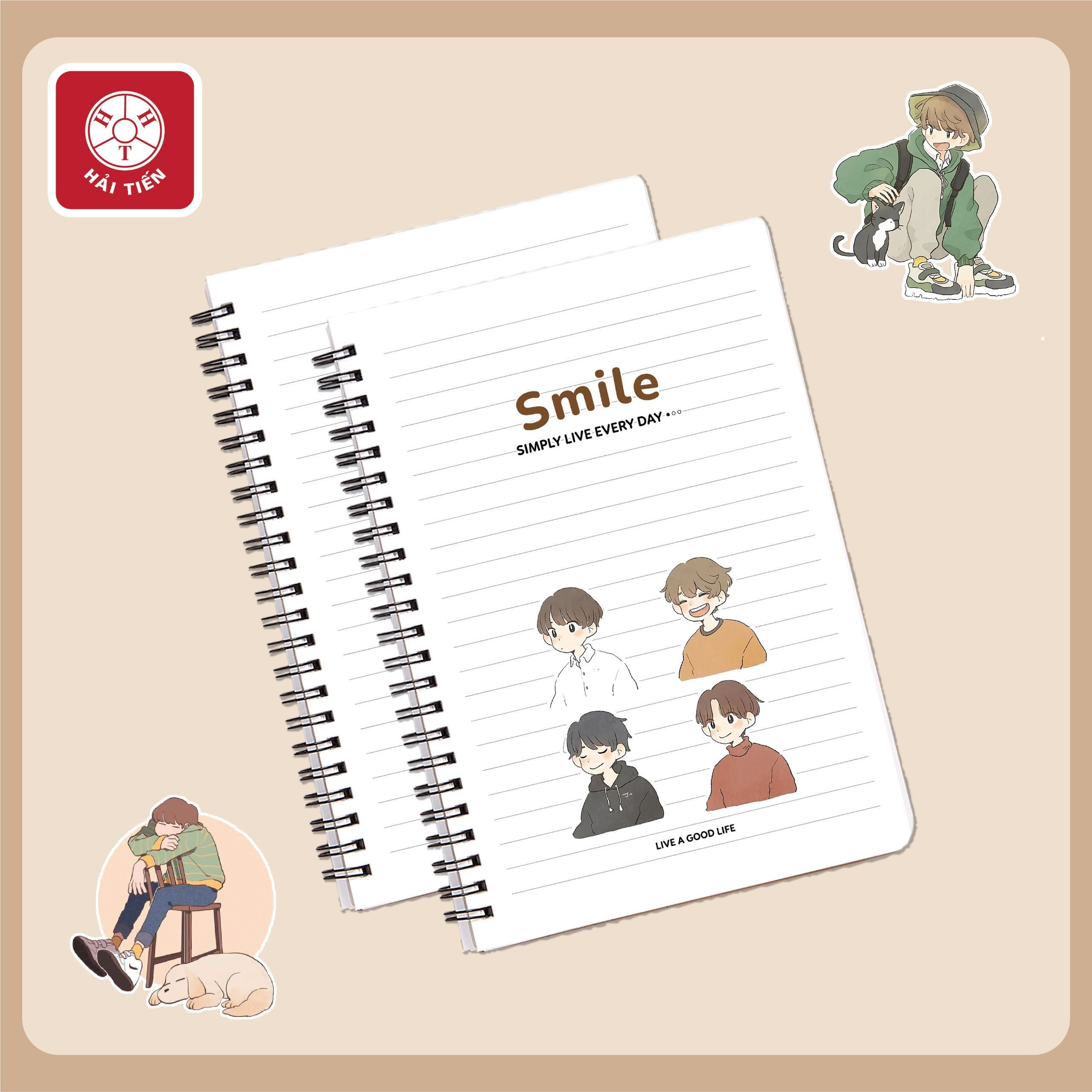 HẢI TIẾN Sổ lò xo bìa bồi Cao cấp - Smile - ĐL 80g/m2 - Dòng kẻ ngang - Nhiều kích cỡ - 200 trang