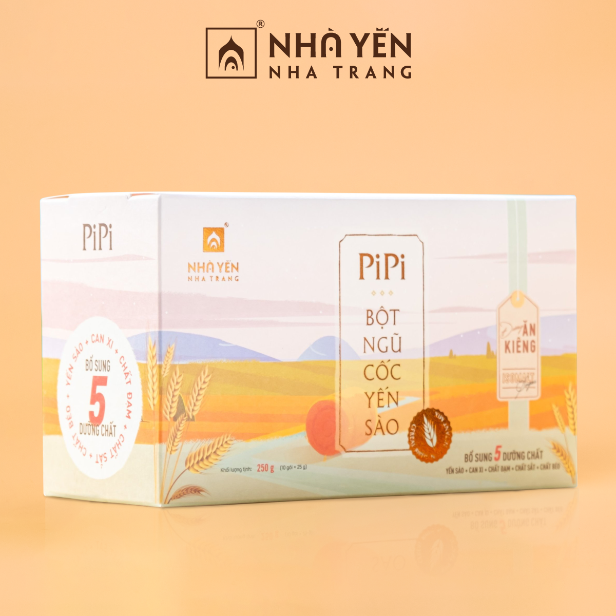 Bột Ngũ Cốc Yến Sào PiPi - Nhà Yến Nha Trang - Hộp 10 Gói - Loại Ít Đường - Bột Ngũ Cốc Ăn Kiêng Giảm Cân - Bột Ngũ Cốc Dinh Dưỡng - Hàng Chính Hãng