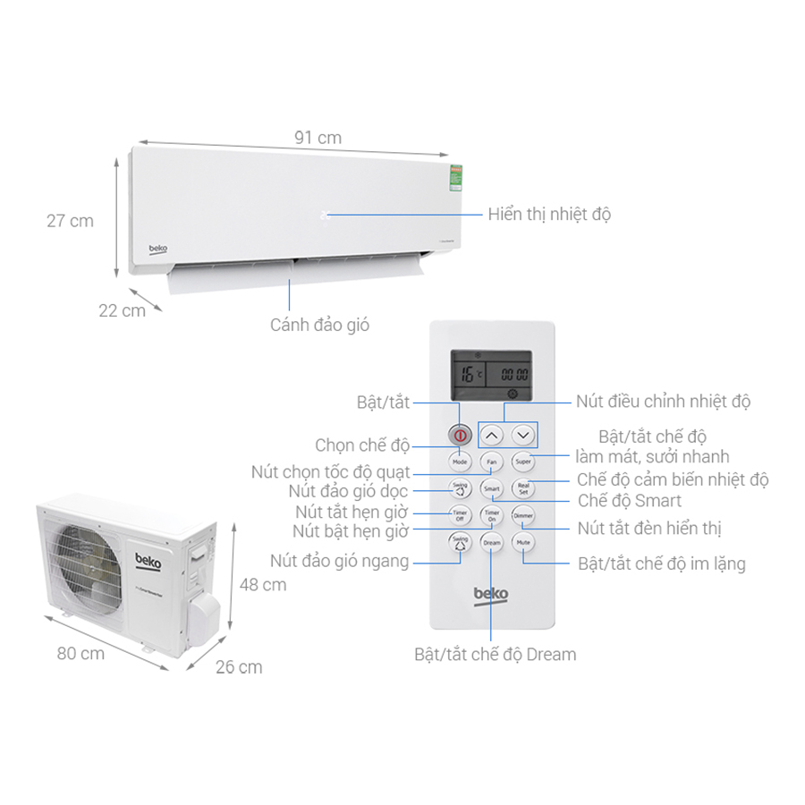 Máy Lạnh Beko Inverter 1 HP RSVC10BV