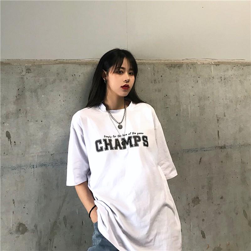 Áo thun nam nữ unisex tay lỡ phông form rộng teen cổ tròn oversize cotton giá rẻ basic đen trắng tee pull CHAMPS