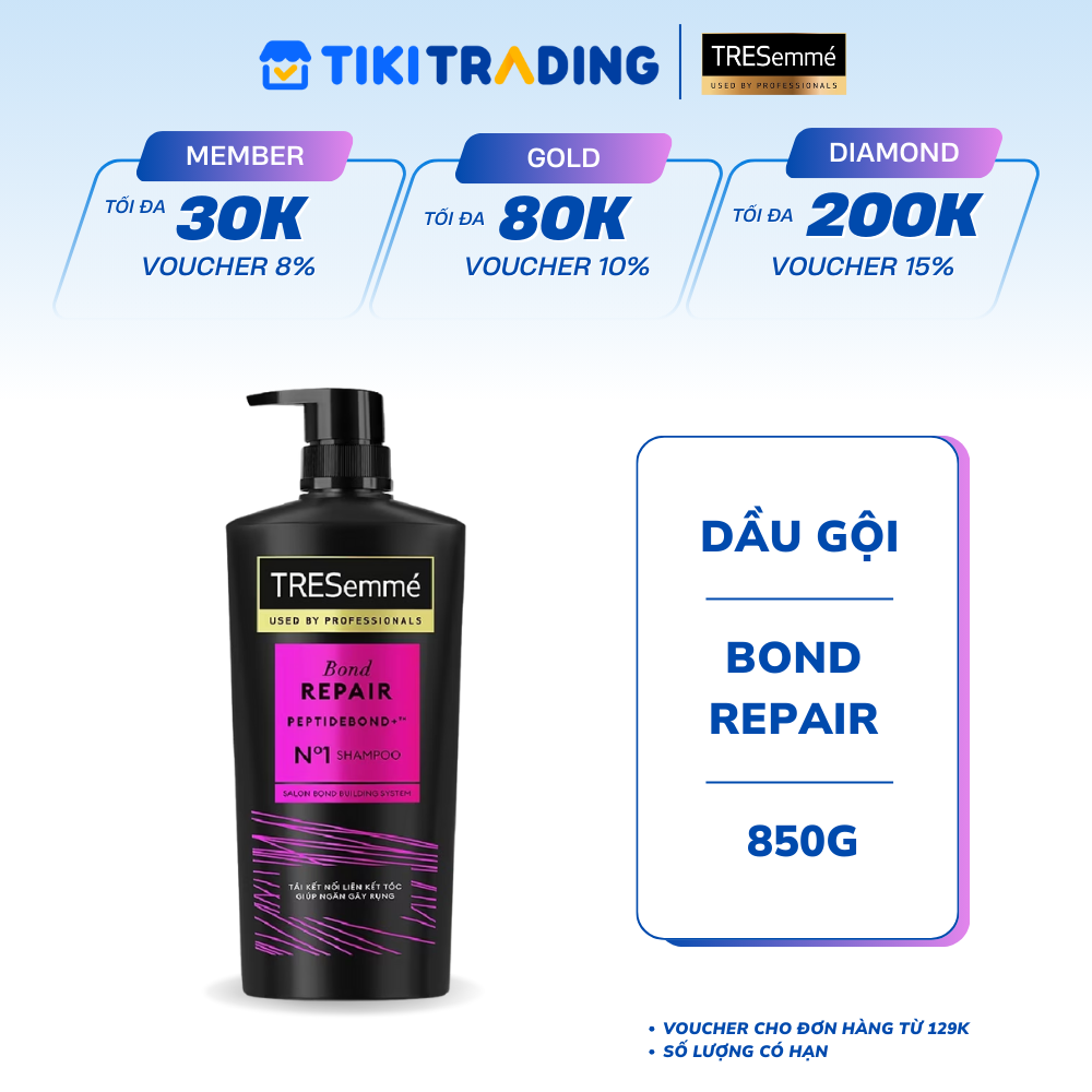 Dầu gội TRESEMME Salon Rebond dưỡng tóc hư tổn với Công nghệ Tái kết nối Keratin ngăn gãy rụng đến 98% 850g