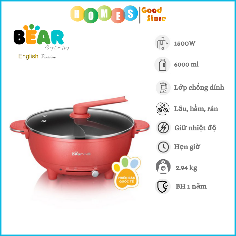 Nồi Lẩu Uyên Ương BEAR SUBE006 6L Màu Đỏ - Hàng Chính Hãng