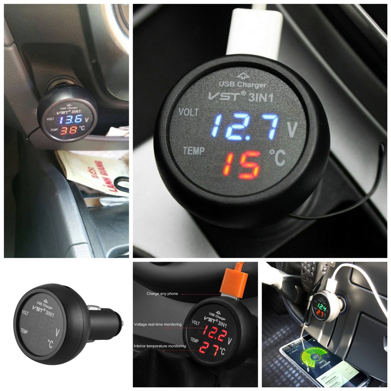 Tẩu sạc điện thoại ô tô 3in1 kèm đồng hồ đa năng báo nhiệt độ báo vôn ắc quy loại tốt mẫu mới