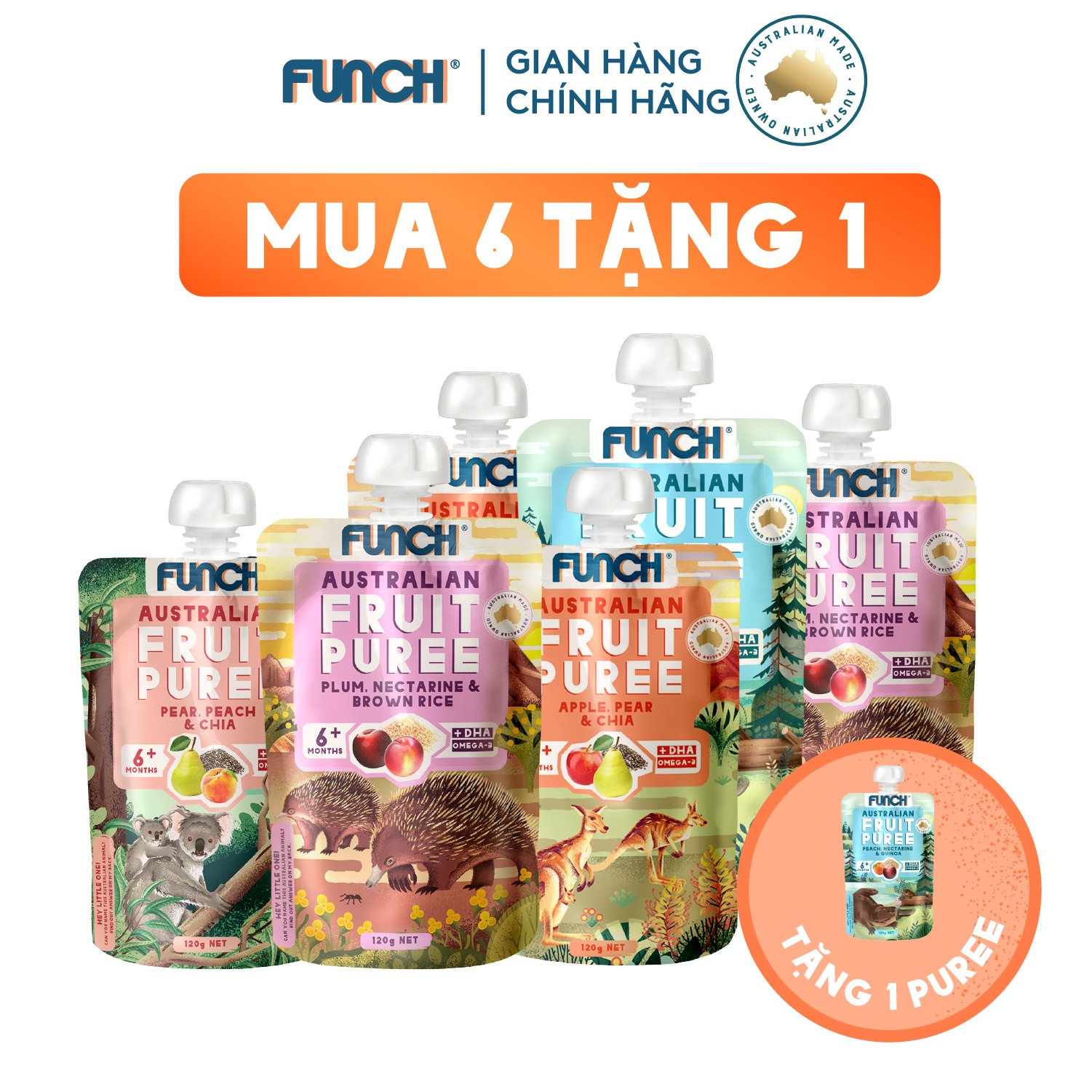 Combo 6 Gói Trái Cây Nghiền Mix Hạt Dinh Dưỡng Cho Bé Ăn Dặm Từ 6 Tháng FUNCH Tặng 1 Gói 120g