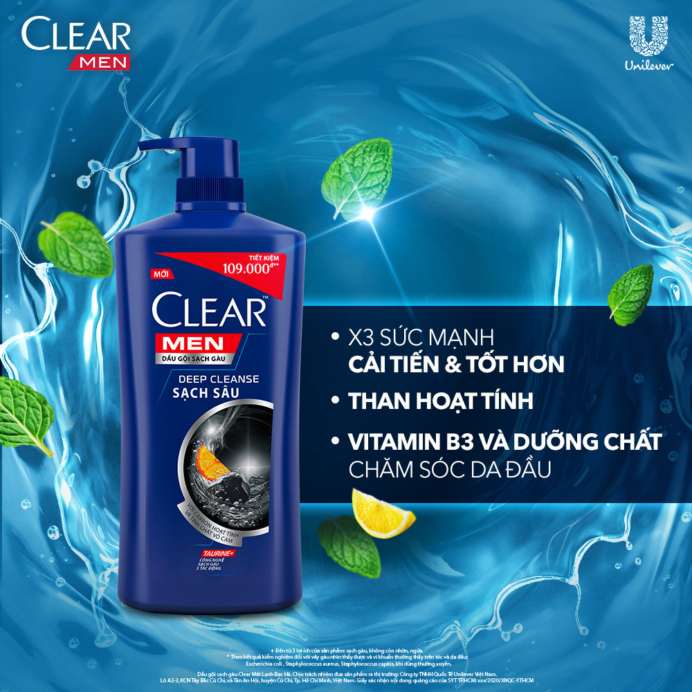 Dầu Gội Đầu Clear Men Deep Cleanse Than Hoạt Tính Đánh Bay Gàu, Ngứa Và Vi Khuẩn Dưỡng Tóc Khỏi Khói Bụi 900G