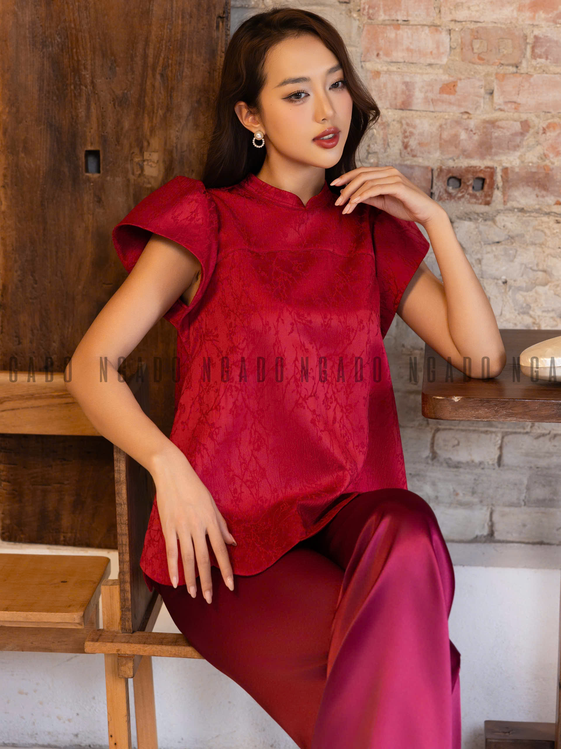 Set áo yếm đỏ tay phồng NGADO , set áo gấm , set áo yếm Nữ , set dự tiệc , dạo phố