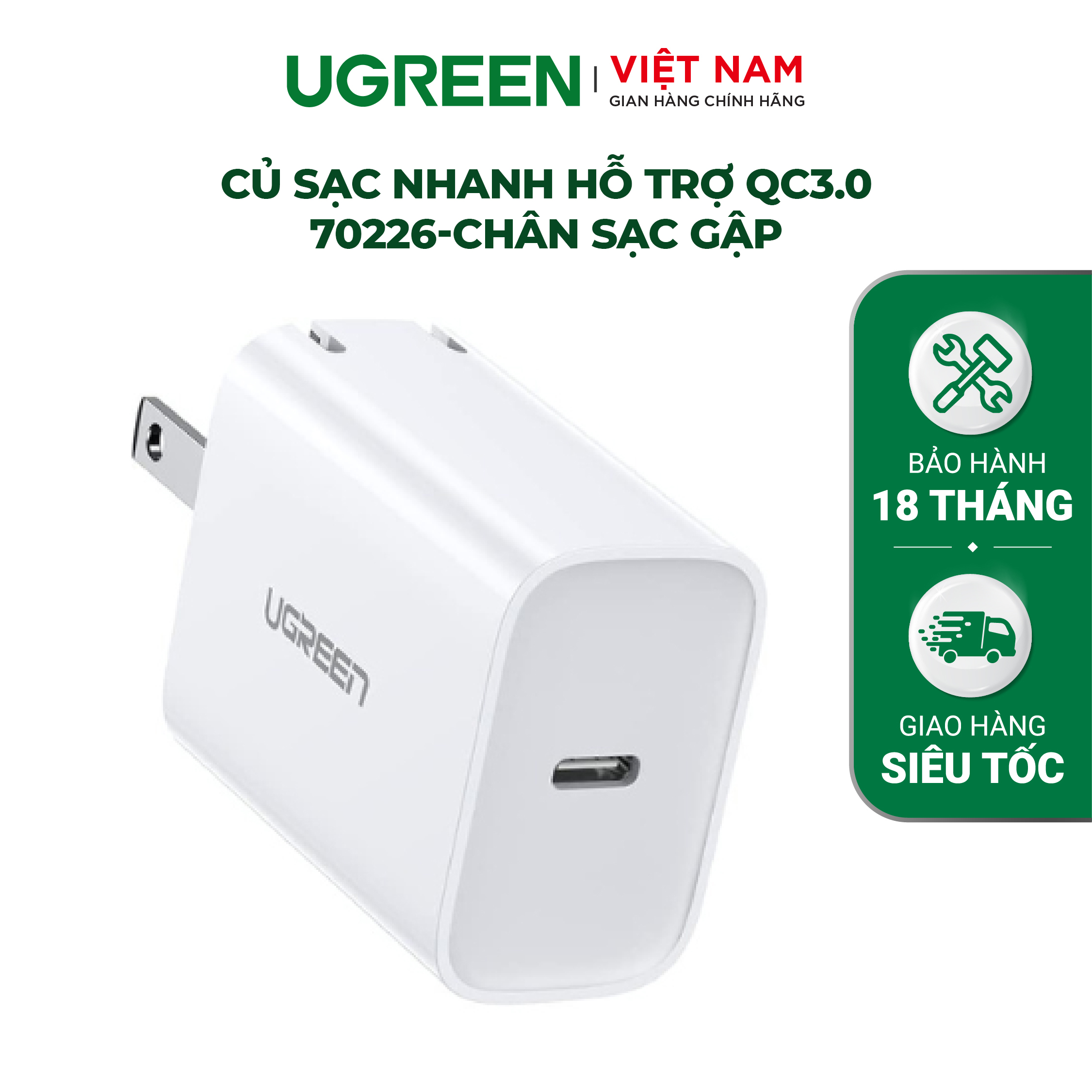 Sạc nhanh UGREEN CD137 60449 1 cổng USB Type C Hỗ trợ PD QC 4.0 3.0 tối đa 18W cho iPhone 12 / Samsung - Hàng chính hãng