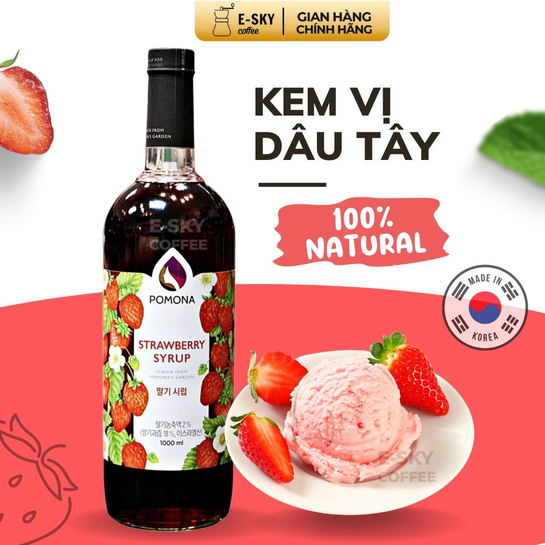 Siro Dâu Tây Pomona Strawberry Syrup Nguyên Liệu Pha Chế Hàn Quốc Chai Thủy Tinh 1 Lít