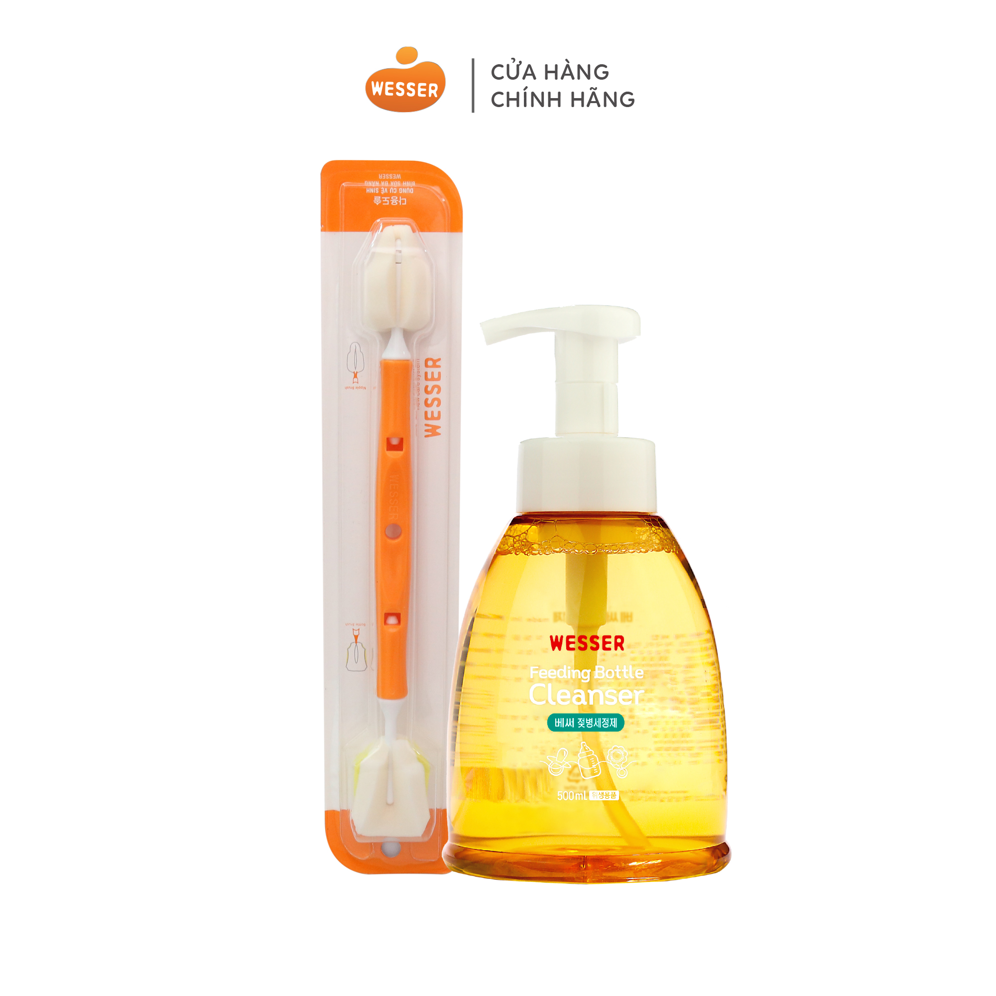 Combo nước rửa bình sữa + Dụng cụ vệ sinh bình sữa đa năng Wesser
