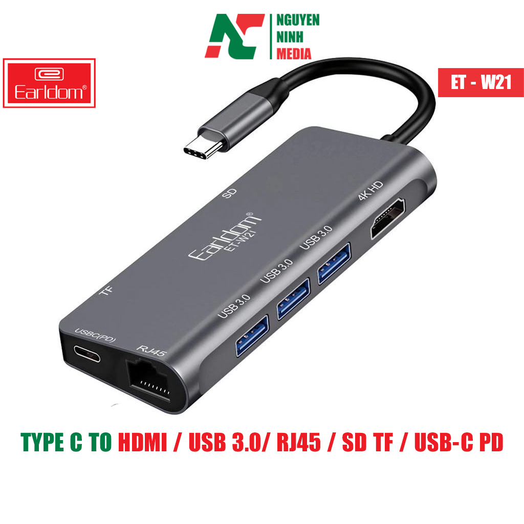 Cáp Chuyển USB TYPE C Sang HDMI / USB 3.0 / RJ45 / SD TF / USB-C PD Earldom W21 - Hàng Chính Hãng