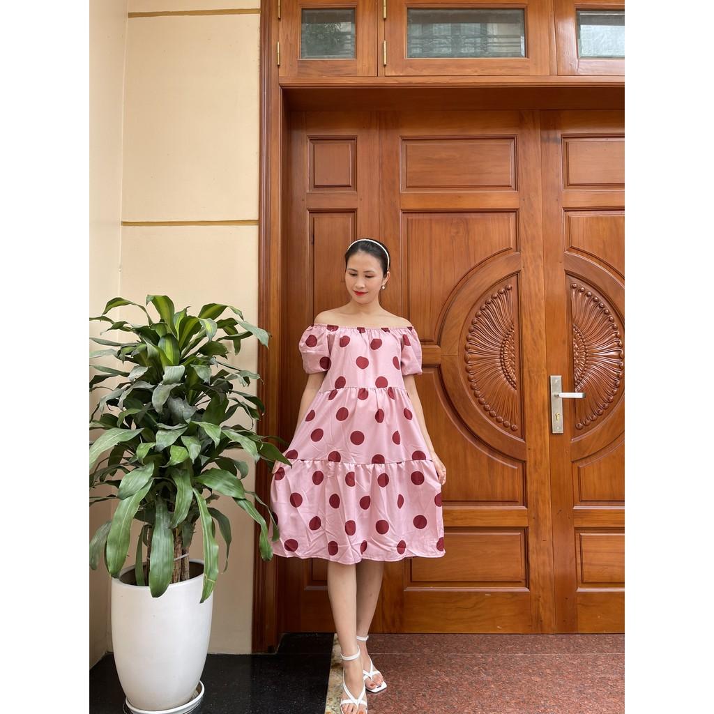 Váy Bầu Trễ Vai Chấm Bi Hồng siêu xinh mặc ở nhà mặc đi chơi V270