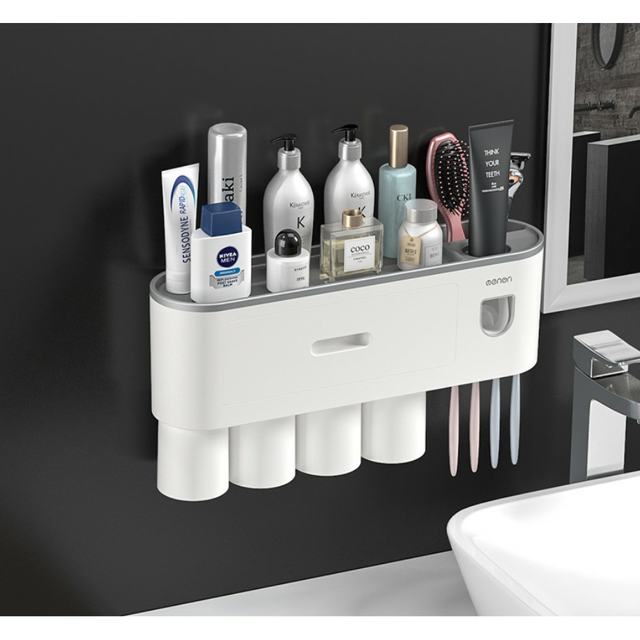 Kệ Treo Bàn Chải Nhà Tắm OENON tích hợp Nhả Kem Đánh Răng Tự Động kèm 4 cốc hút từ tính -OEKEM