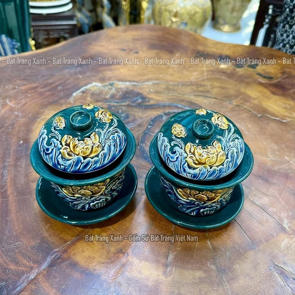 Bát sâm gốm sứ Men Xanh Lục Bảo Đắp Nổi Rồng Việt, đồ thờ cúng Bát Tràng cao cấp