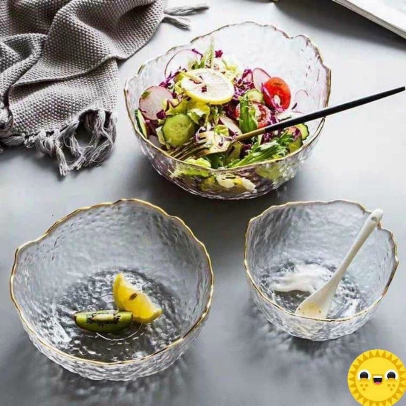 Bát Salat - Bát Cơm Miệng Hoa Sứ Kẻ Viền Vàng Vân Sần | Bát Sứ Decor Phong Cách Nhật Bản Hoa Anh Đào Cao Cấp