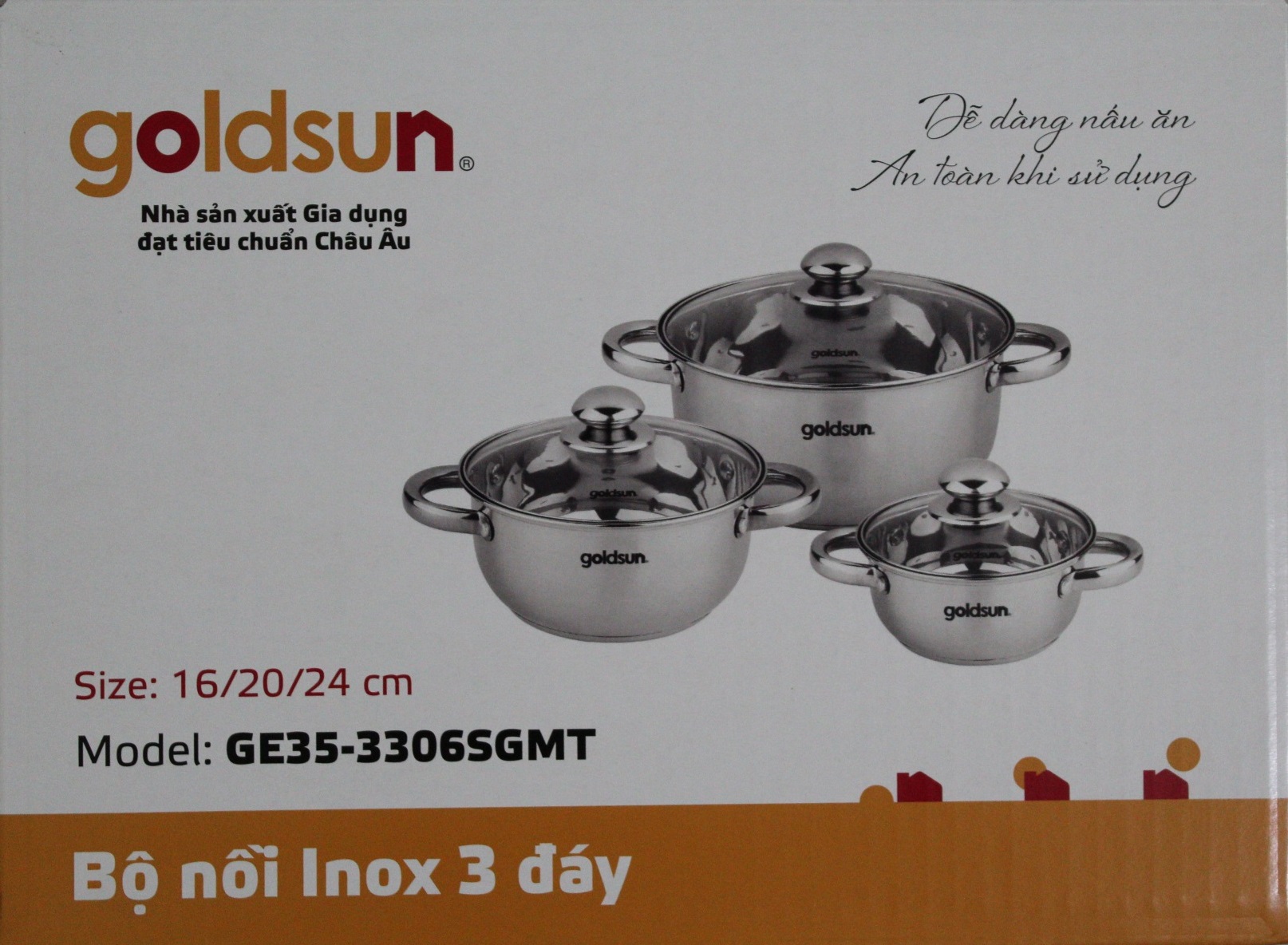 Bộ Nồi Inox 3 Đáy Vung Kính Goldsun GE35-3306SGMT (16-20-24cm) Dùng Mọi Bếp - Chính Hãng