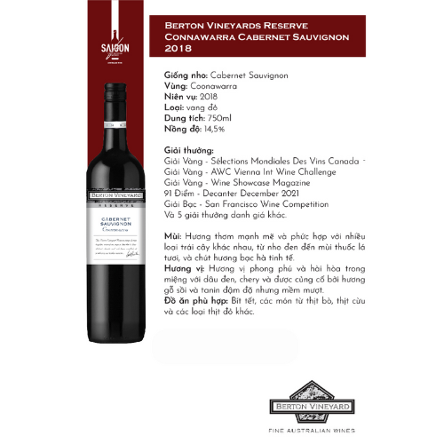 Rượu vang đỏ Berton Vineyards Reserve Coonawarra Cabernet 750ml 14.5% Alc