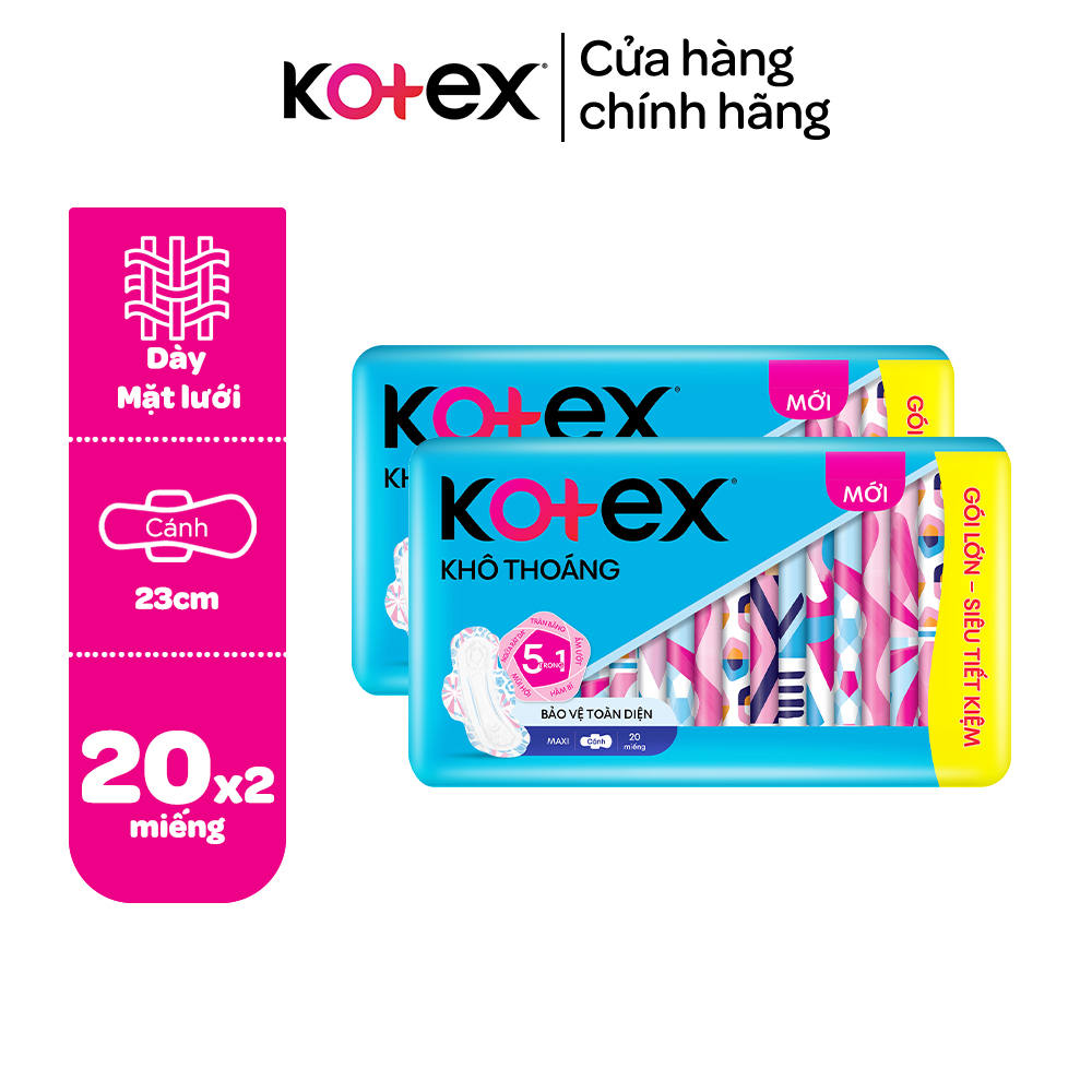 Combo 2 gói băng vệ sinh Kotex khô thoáng dày cánh 20 miếng