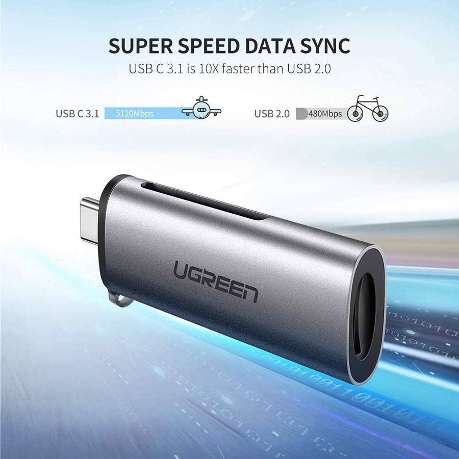 Đầu đọc thẻ nhớ SD/TF Ugreen 50704 chuẩn USB Type C cao cấp - Hàng Chính Hãng