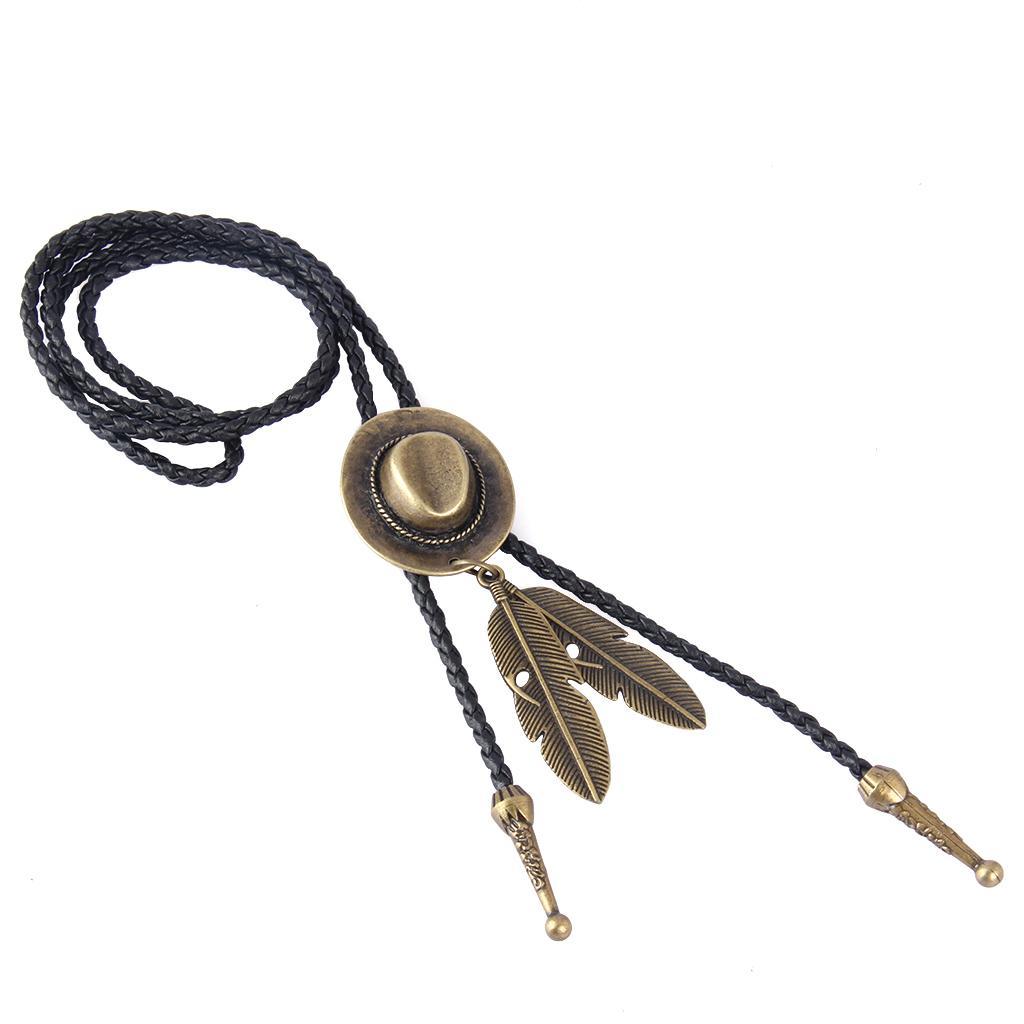 Black PU Leather Western Cowboy Rodeo Bolo Tie Bola Necklace Antique Brass