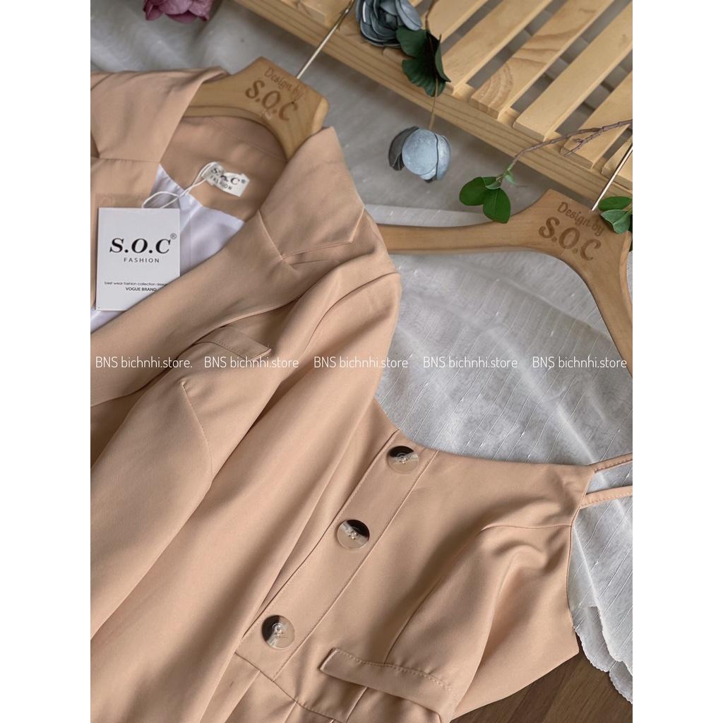 SET ÁO BLAZER & ĐẦM 2 DÂY XẾP LY- Double Breasted Lapel Neck Blazer & Cami Dress BY BNS CARNA SET BNS011V