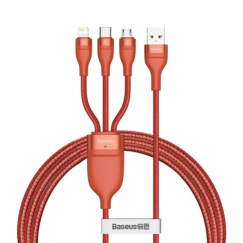 Cáp sạc nhanh 3 đầu Baseus Flash Series 3 in 1 (USB to Type C/ Lightning/ Micro, 5A/40W Quick Charging & Data Cable) - Hàng chính hãng