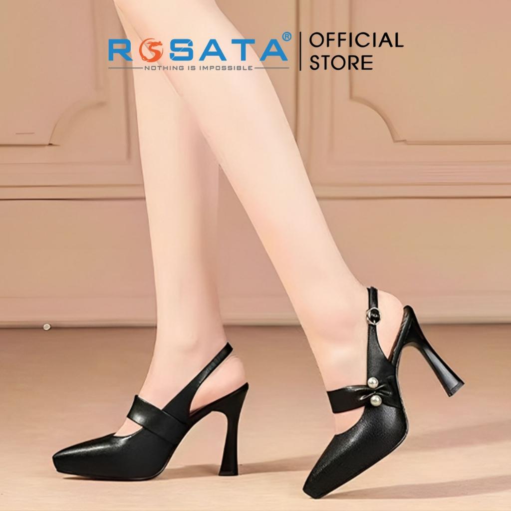 Giày cao gót nữ ROSATA RO601 mũi nhọn đính hạt quai hậu khóa cài gót cao 9cm xuất xứ Việt Nam - ĐEN