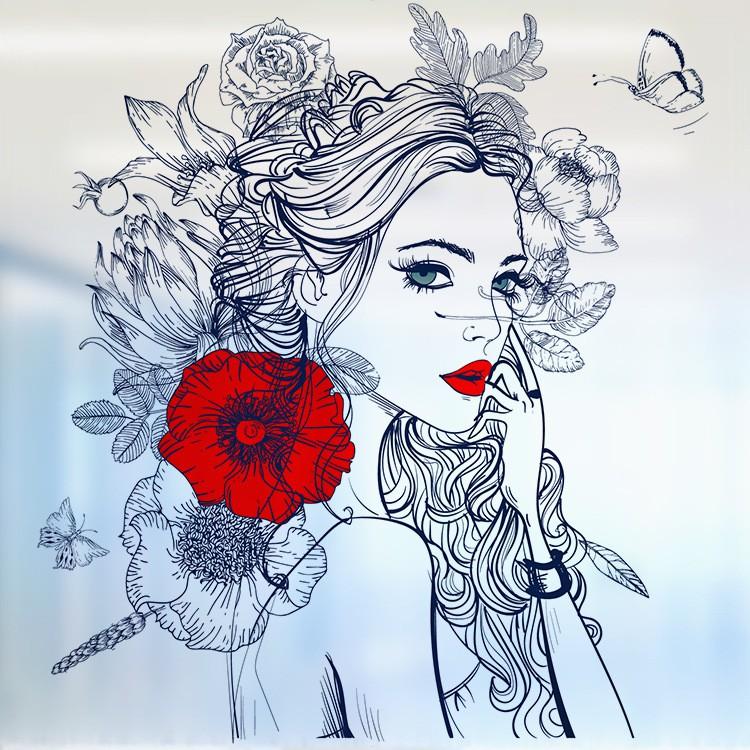 Decal trang trí dán kính cao cấp cô gái và đóa hoa hồng