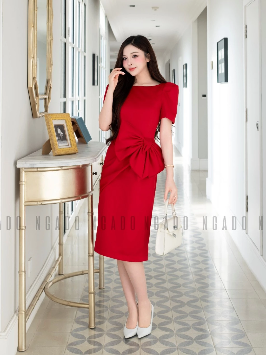 Đầm đỏ cổ thuyền phối nơ NGADO , đầm bút chì , đầm dự tiệc , đầm công sở