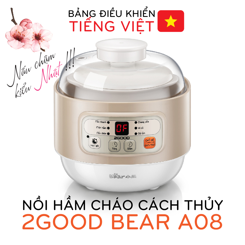 Nồi hầm cháo, chưng yến, tiềm gà cao cấp 2Good Bear A08 (bảng điều khiển cảm ứng, chống trào, cạn nước tự động tắt) - Hàng Chính Hãng