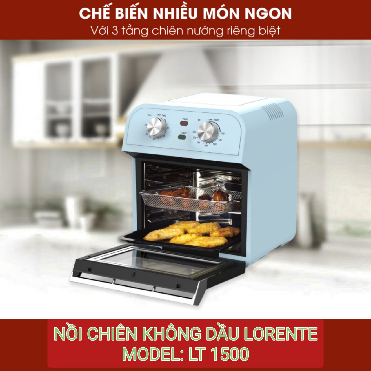 Nồi chiên Không dầu, kiêm Lò nướng đa năng 15L, Full phụ kiện Lorente LT1500 - Hàng Chính hãng