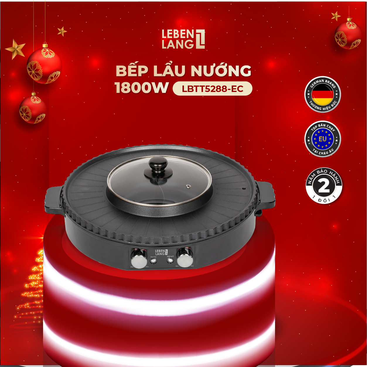 Nồi lẩu điện 2 ngăn Lebenlang LBTT5288-EC, bếp lẩu nướng 2in1 đa năng tròn loại to,công suất 1800W tiện lợi cho gia đình - hàng chính hãng