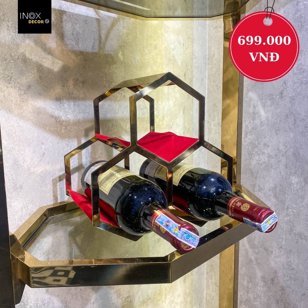 Kệ rượu tô ong 3 ngăn Inox Decor SG inox 304 vàng gold nỉ đỏ sang trọng