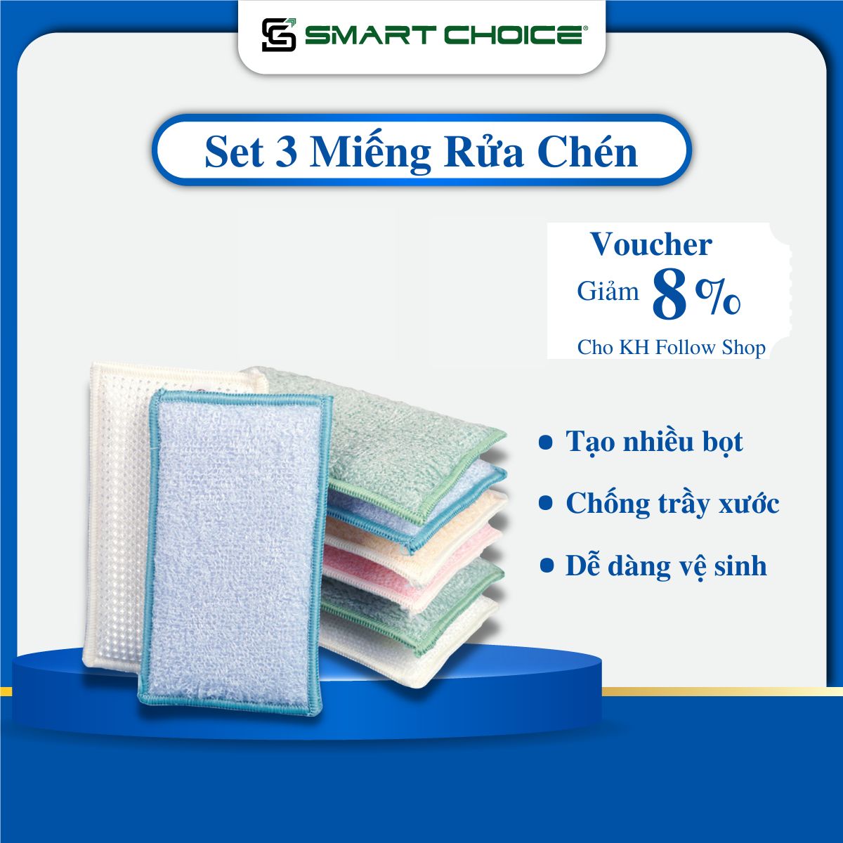 SET 3 Miếng Rửa Bát Chống Trầy Xước SMARTCHOICE - Miếng rửa chén sợi tre 3D Cao Cấp Siêu Sạch, Tạo Nhiều Bọt, An Toàn Với Da Tay, Không Bám Cặn Bẩn, Dễ Dàng Vệ Sinh