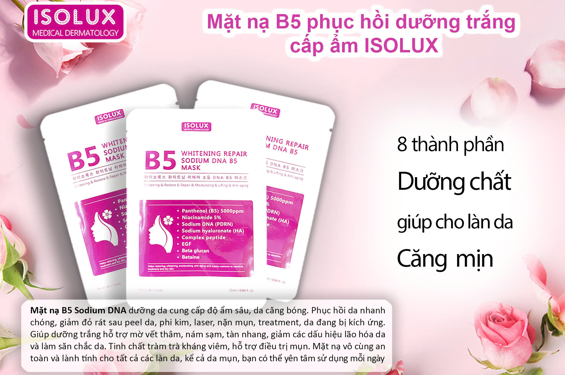 Mặt nạ ISOLUX Whitening repair sodium DNA B5 mask Hàn Quốc 25ml hạn 2027 dưỡng sáng phục hồi cấp ẩm căng bóng